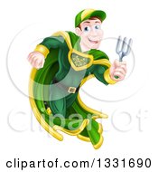 Poster, Art Print Of Brunette Caucasian Male Super Hero Running With A Garden Fork Or Hand Rake