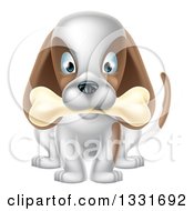 Poster, Art Print Of Cartoon Happy White And Brown Dog Sitting With A Bone In His Mouth