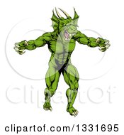Poster, Art Print Of Muscular Aggressive Green Dragon Man Mascot Walking Upright