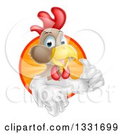 Poster, Art Print Of Happy Brown And White Chicken Or Rooster Mascot Giving A Thumb Up And Emerging From A Sun Ray Circle