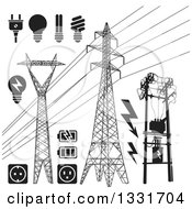 Poster, Art Print Of Black And White Power Pylons Lines Light Bulbs Batteries And Sockets
