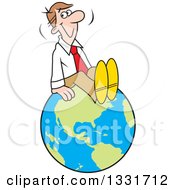 Cartoon Happy Caucasian Business Man Sitting On Top Of The World