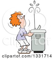 Cartoon Red Haired Caucasian Woman Playing With The Spray Of A Water Drinking Fountain