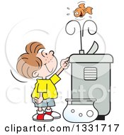 Poster, Art Print Of Cartoon Caucasian Boy Playing With A Goldfish In The Spray Of A Water Drinking Fountain