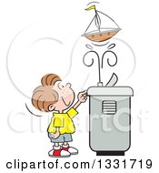 Cartoon Caucasian Boy Playing With A Toy Boat In The Spray Of A Water Drinking Fountain
