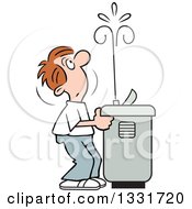 Cartoon Caucasian Man Playing With The Spray Of A Water Drinking Fountain