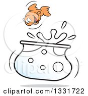 Cartoon Happy Playful Goldfish Jumping Out Of A Bowl