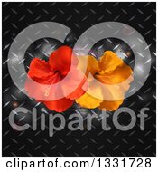 3d Red And Orange Hibiscus Flowers Over Diamond Plate Metal With Flares