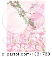 Poster, Art Print Of Happy Pink Fairy Pixie On A Swing With Rose Vines Over Blossoms