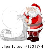 Christmas Santa Claus Adjusting His Glasses And Reading A Long List