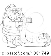 Clipart Of A Black And White Christmas Santa Claus Adjusting His Glasses And Reading A Long List Royalty Free Vector Illustration