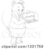 Poster, Art Print Of Black And White Happy Young Bear Holding A Cake