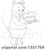 Clipart Of A Black And White Happy Young Bear Holding A Cake Royalty Free Vector Illustration by Liron Peer