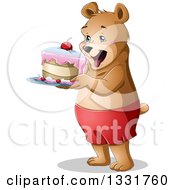 Clipart Of A Happy Young Bear Holding A Cake Royalty Free Vector Illustration