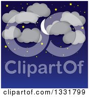 Blue Night Sky Background With A Crescent Moon Stars And Clouds Over Text Space