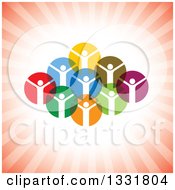 Poster, Art Print Of Unity Team Of Cheering People In Colorful Circles Over Red Rays