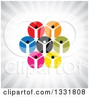 Poster, Art Print Of Unity Team Of Cheering People In Colorful Circles Over Gray Rays