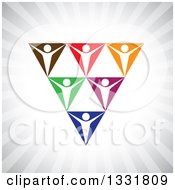 Clipart Of A Unity Team Of Cheering White People In Colorful Spaces Forming A Triangle Over Gray Rays Royalty Free Vector Illustration