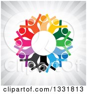 Poster, Art Print Of Unity Team Circle Of Cheering Colorful People Around White Over Gray Rays