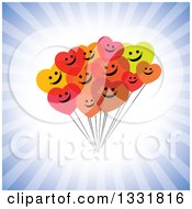Poster, Art Print Of Cluster Of Hapy Heart Balloons Smiling Over A Burst Of Blue Rays