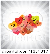 Poster, Art Print Of Cluster Of Hapy Hearts Smiling Over A Burst Of Gray Rays