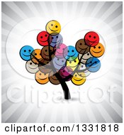 Poster, Art Print Of Tree With Happy Colorful Smiley Face Emoticon Foliage Over Ray Rays