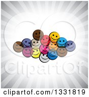 Clipart Of A Cluster Of Colorful Happy Smiley Emoticon Faces Over A Burst Of Gray Rays Royalty Free Vector Illustration