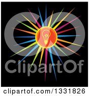 Clipart Of A Round Light Bulb Icon Over A Colorful Burst On Black Royalty Free Vector Illustration