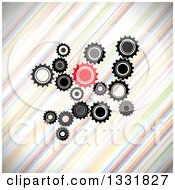 Poster, Art Print Of Cluster Of Black Gray And Red Gears Over Diagonal Colorful Stripes