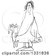 Lineart Clipart Of A Cartoon Black And White Chubby Caveman Holding A Dead Rabbit And Hammer Royalty Free Outline Vector Illustration