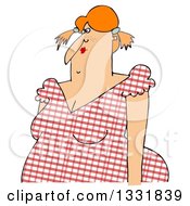 Clipart Of A Cartoon Chubby Country Woman With Red Hair Pig Tails And A Plaid Dress Royalty Free Illustration