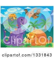 Clipart Of Cute Pterodactyl Triceratops And T Rex Dinosaurs With An Erupting Volcano Royalty Free Vector Illustration