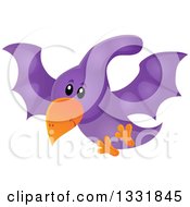 Happy Cute Purple Pterodactyl Dinosaur In Flight