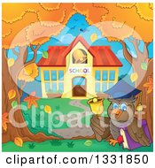 Clipart Of A Professor Owl Holding A Book And Ringing A Bell Under Autumn Trees Of A School Yard Royalty Free Vector Illustration by visekart