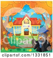 Clipart Of A Professor Owl Holding A Pointer Stick Under Autumn Trees Of A School Yard Royalty Free Vector Illustration
