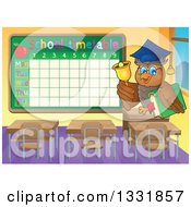 Professor Owl Holding A Book And Ringing A Bell In A Class Room By A Time Table