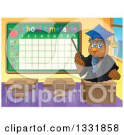 Clipart Of A Professor Owl Holding A Pointer Stick In A Class Room By A Time Table Royalty Free Vector Illustration by visekart