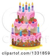 Poster, Art Print Of Cartoon Birthday Cake With Pink Frosting Berries And Candles