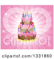 Poster, Art Print Of Cartoon Birthday Cake With Frosting Berries And Candles Over A Pink Star Burst