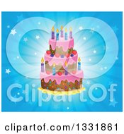 Poster, Art Print Of Cartoon Birthday Cake With Frosting Berries And Candles Over A Blue Star Burst