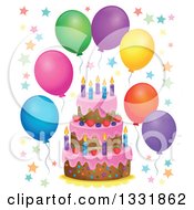 Poster, Art Print Of Cartoon Birthday Cake With Colorful Stars And Party Balloons