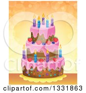 Poster, Art Print Of Cartoon Birthday Cake Over Orange With Flares