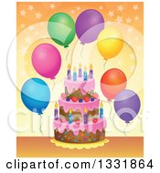 Poster, Art Print Of Cartoon Birthday Cake With Colorful Stars And Party Balloons Over Orange