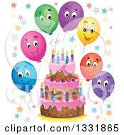 Poster, Art Print Of Cartoon Birthday Cake With Colorful Stars And Happy Party Balloons