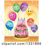 Poster, Art Print Of Cartoon Birthday Cake With Colorful Stars And Happy Party Balloons Over Orange