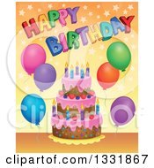 Poster, Art Print Of Cartoon Cake With Colorful Stars Party Balloons And Happy Birthday Text Over Orange