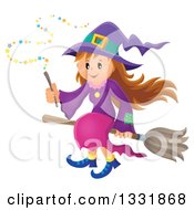 Happy Halloween Witch Girl Sitting On A Broom And Holding A Magic Wand