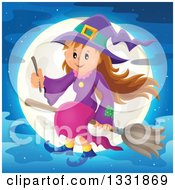 Poster, Art Print Of Happy Halloween Witch Girl Sitting On A Broom And Holding A Magic Wand Over A Full Moon
