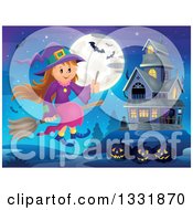 Poster, Art Print Of Happy Halloween Witch Girl Sitting On A Broom And Holding A Magic Wand Over Jackolanterns A Haunted House Full Moon And Bats