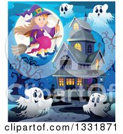 Poster, Art Print Of Happy Halloween Witch Girl Sitting On A Broom And Holding A Magic Wand Over Ghosts A Full Moon And Haunted House